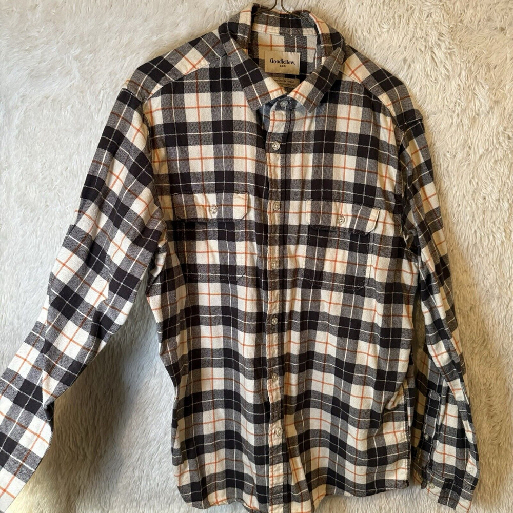 Goodfellow Co Standard Fit Button Up Long Sleeve Brown Black Checkered Mens Med